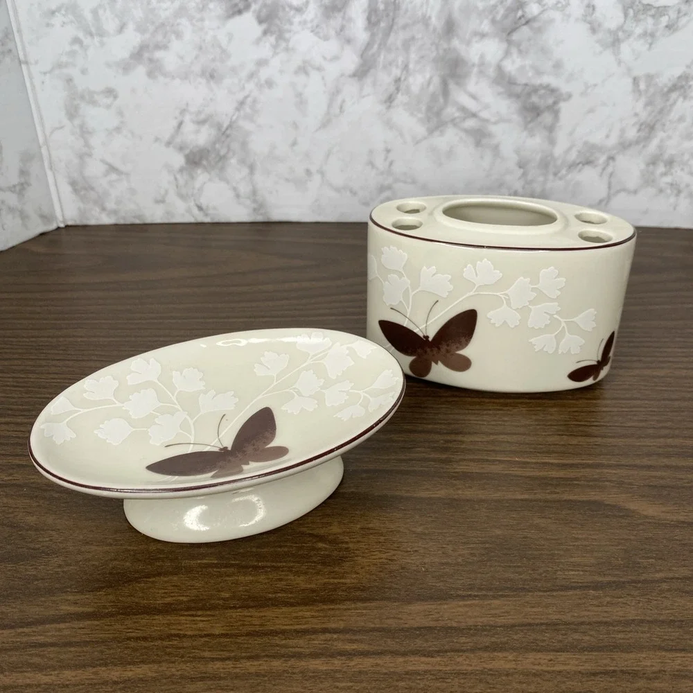 VTG Brown Butterfly Soap Dish & Toothbrush Holder Set •Japan• MCM• Ames Style